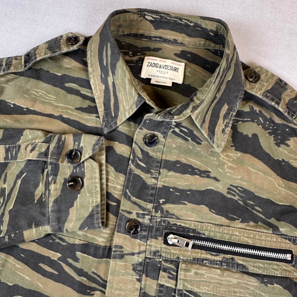 Zadig & Voltaire Defile Womens Tiger Stripe Camo Military Shirt Canvas Jacket XS